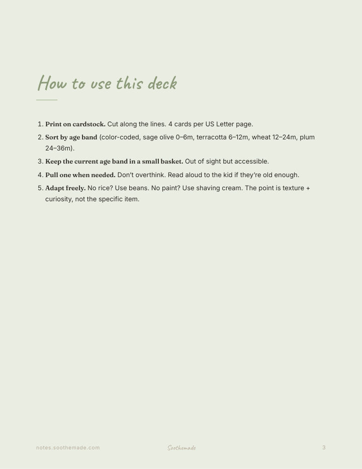 Page 3 of Baby Sensory Play Cards: 80 Activities for 0 to 3, Most Using What's in Your Kitchen