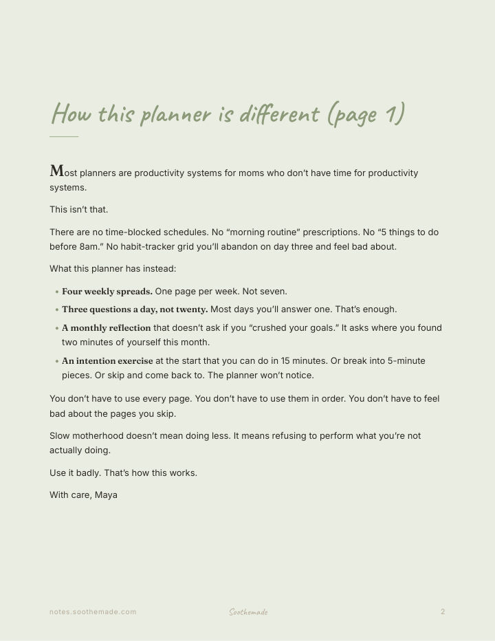 Page 2 of Slow Motherhood Planner: An Undated Weekly Planner for Tired Moms