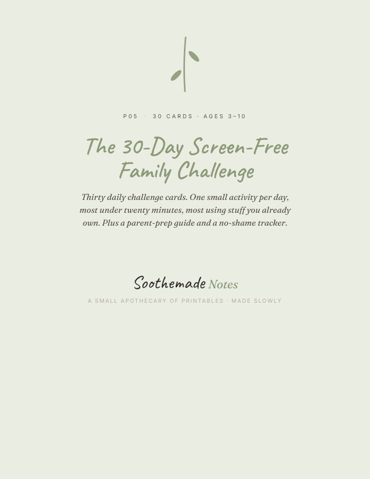 Page 1 of Screen-Free Activities for Kids 3 to 10: 30 Printable Activity Cards and a Tracker. For the Quiet Month.