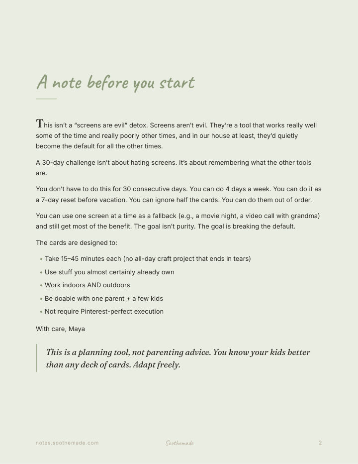 Page 2 of Screen-Free Activities for Kids 3 to 10: 30 Printable Activity Cards and a Tracker. For the Quiet Month.