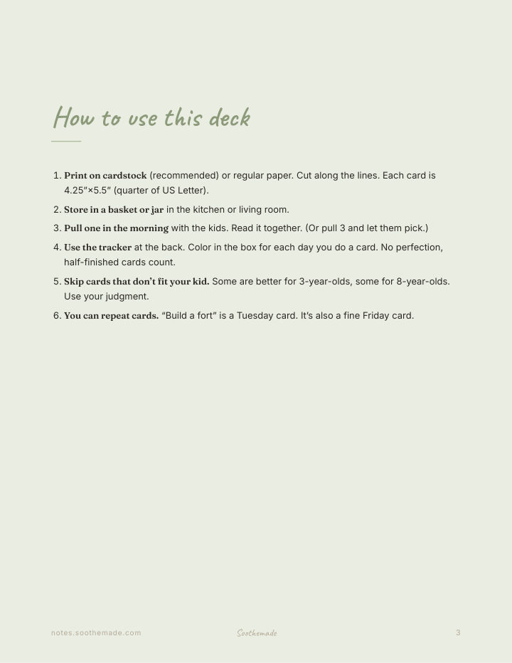 Page 3 of Screen-Free Activities for Kids 3 to 10: 30 Printable Activity Cards and a Tracker. For the Quiet Month.