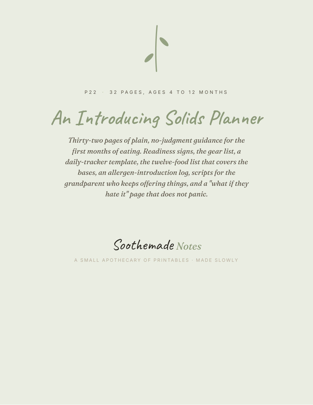 Cover page of Starting Solids Planner: baby first foods, allergen log, and the readiness signs. For the first spoon.