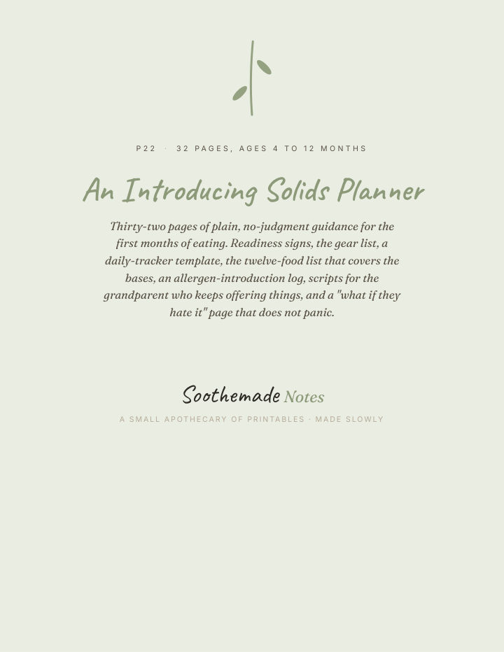 Page 1 of Starting Solids Planner: baby first foods, allergen log, and the readiness signs. For the first spoon.