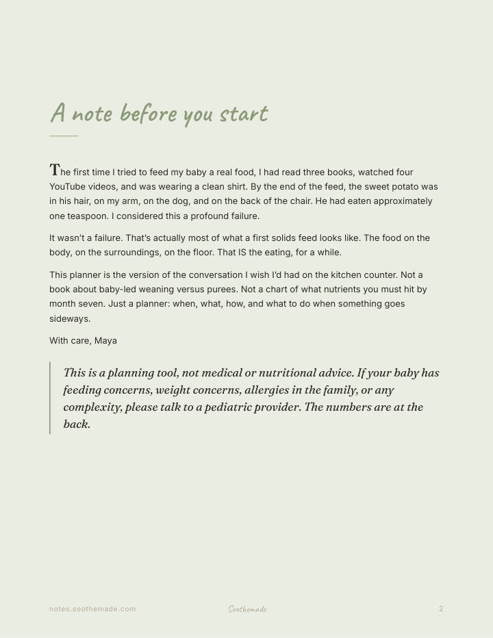 Page 2 of Starting Solids Planner: baby first foods, allergen log, and the readiness signs. For the first spoon.