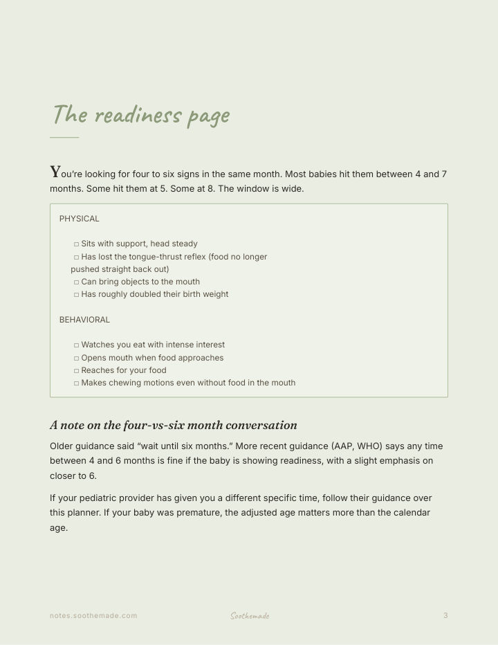 Page 3 of Starting Solids Planner: baby first foods, allergen log, and the readiness signs. For the first spoon.