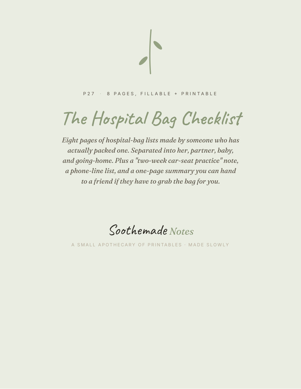 Cover page of Hospital Bag Checklist Printable: For Mom, Partner, and Baby. The bag by the door