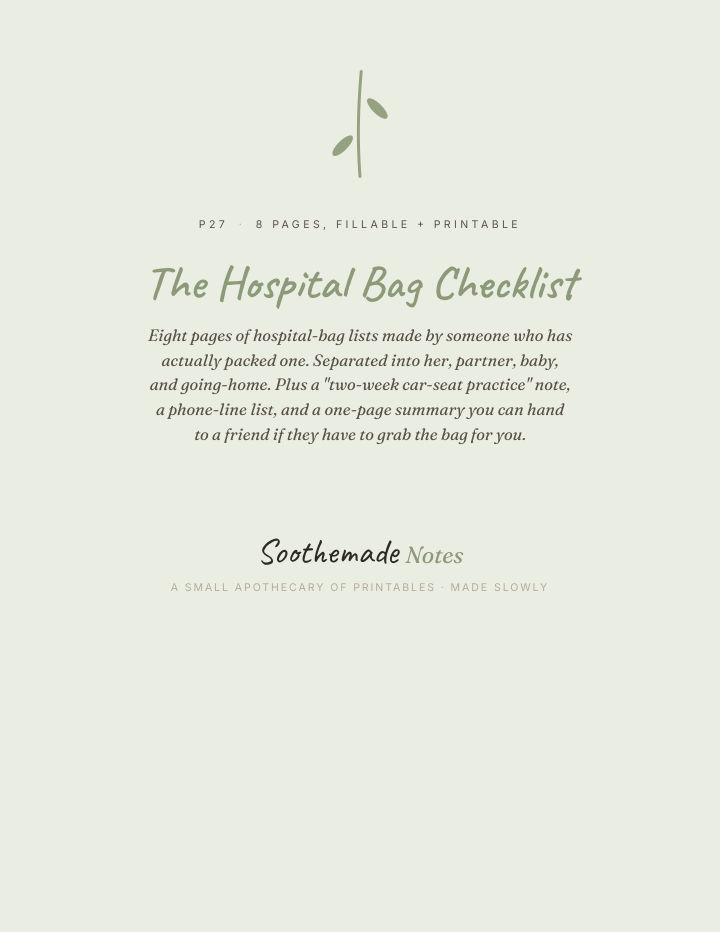 Page 1 of Hospital Bag Checklist Printable: For Mom, Partner, and Baby. The bag by the door