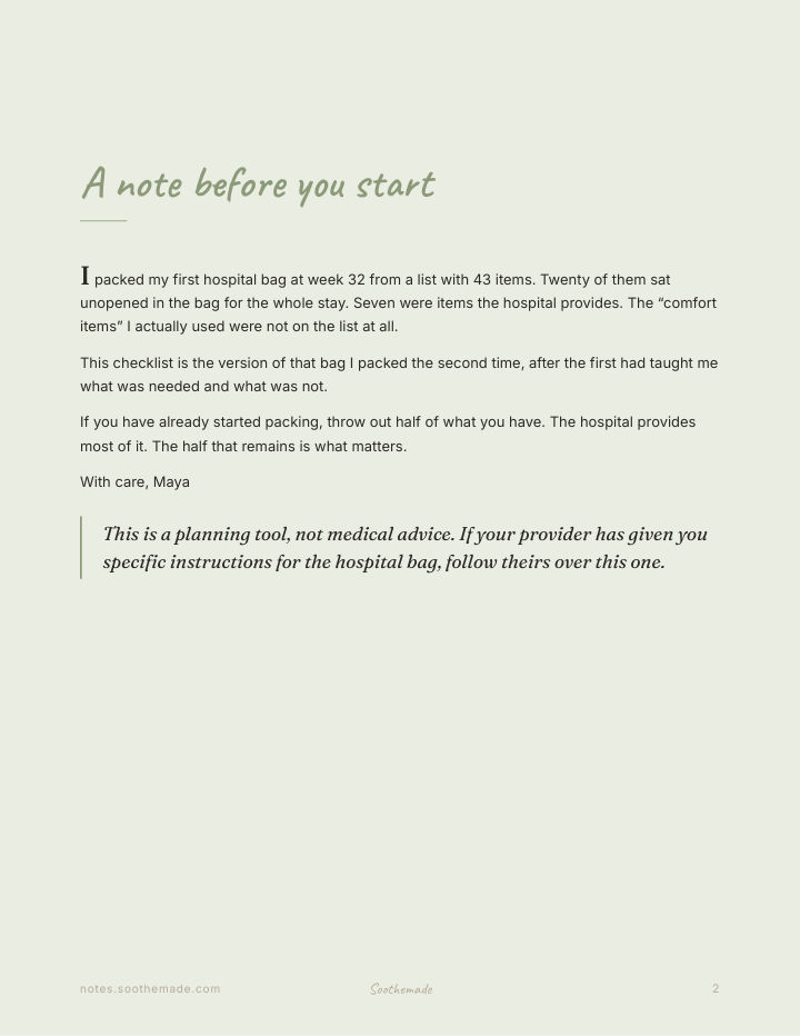 Page 2 of Hospital Bag Checklist Printable: For Mom, Partner, and Baby. The bag by the door