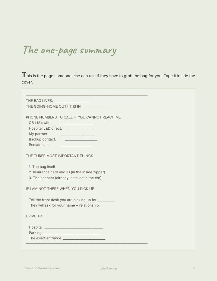 Page 3 of Hospital Bag Checklist Printable: For Mom, Partner, and Baby. The bag by the door