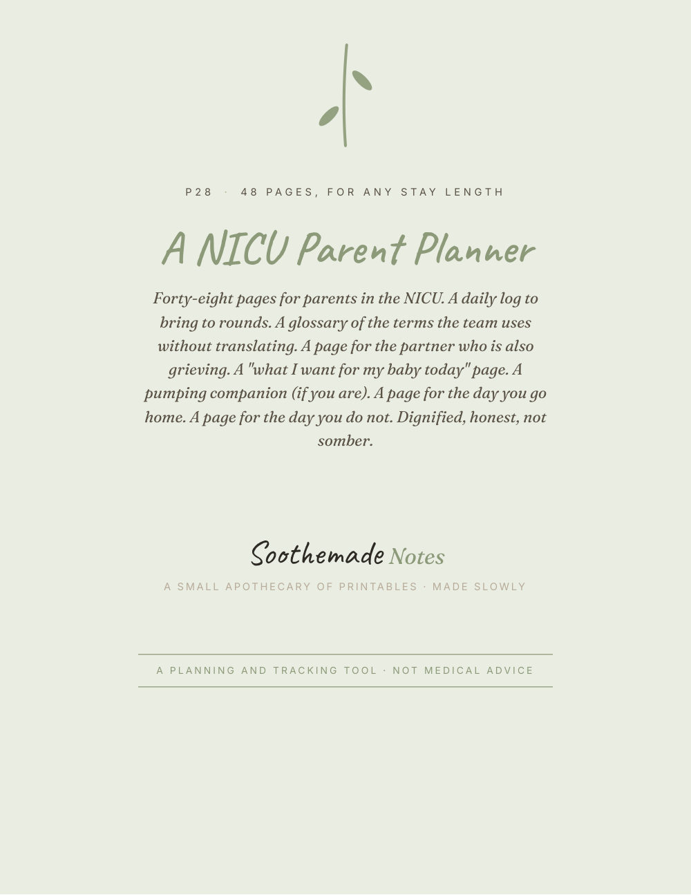 Cover page of NICU Planner and Journal: notes for rounds, a plain-language glossary, the long hallway