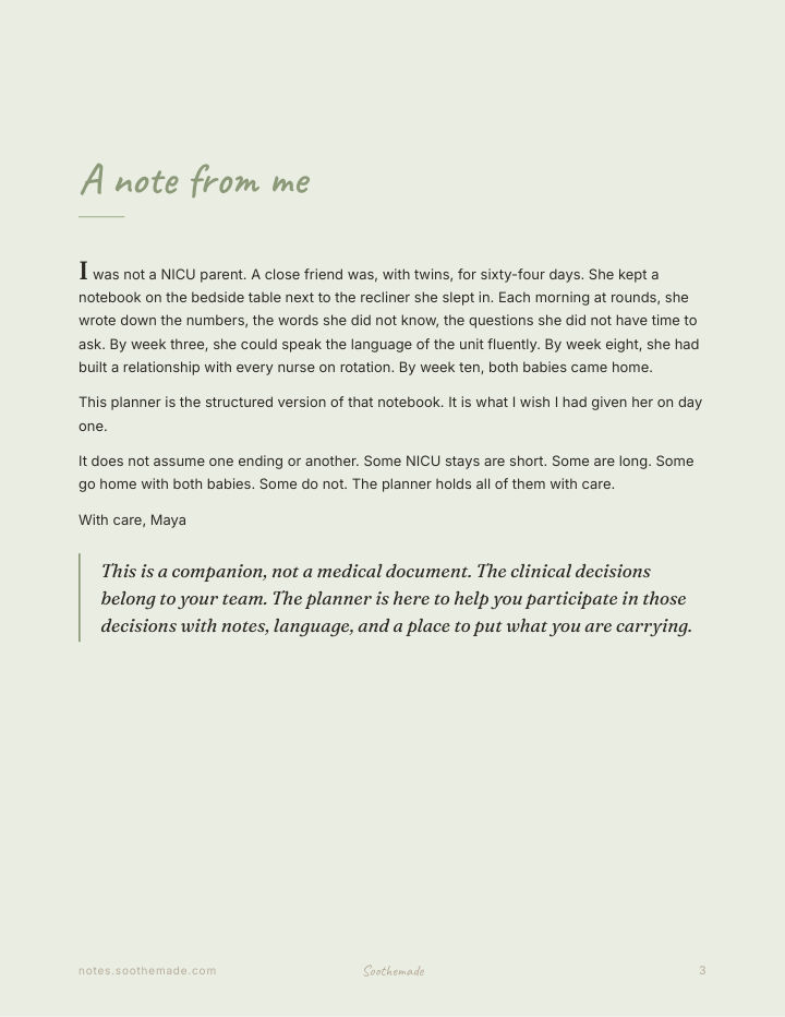 Page 3 of NICU Planner and Journal: notes for rounds, a plain-language glossary, the long hallway