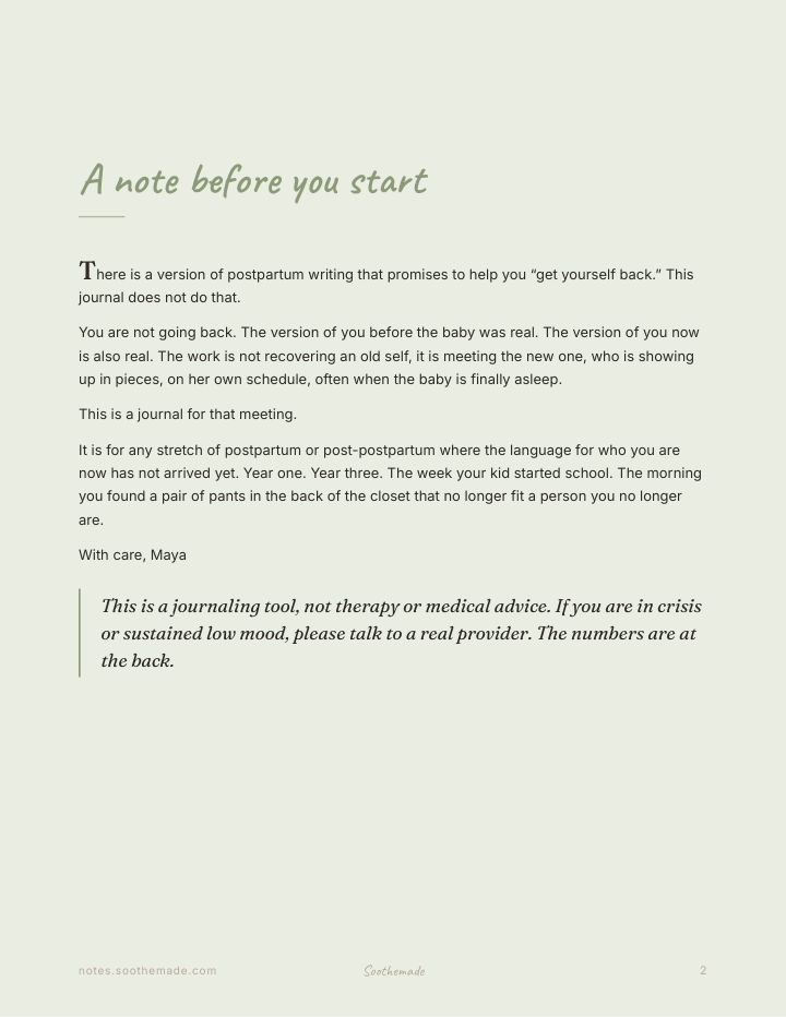 Page 2 of Postpartum Identity Journal: Who Am I Now. 48 Prompts for Matrescence and the New-Mom Self