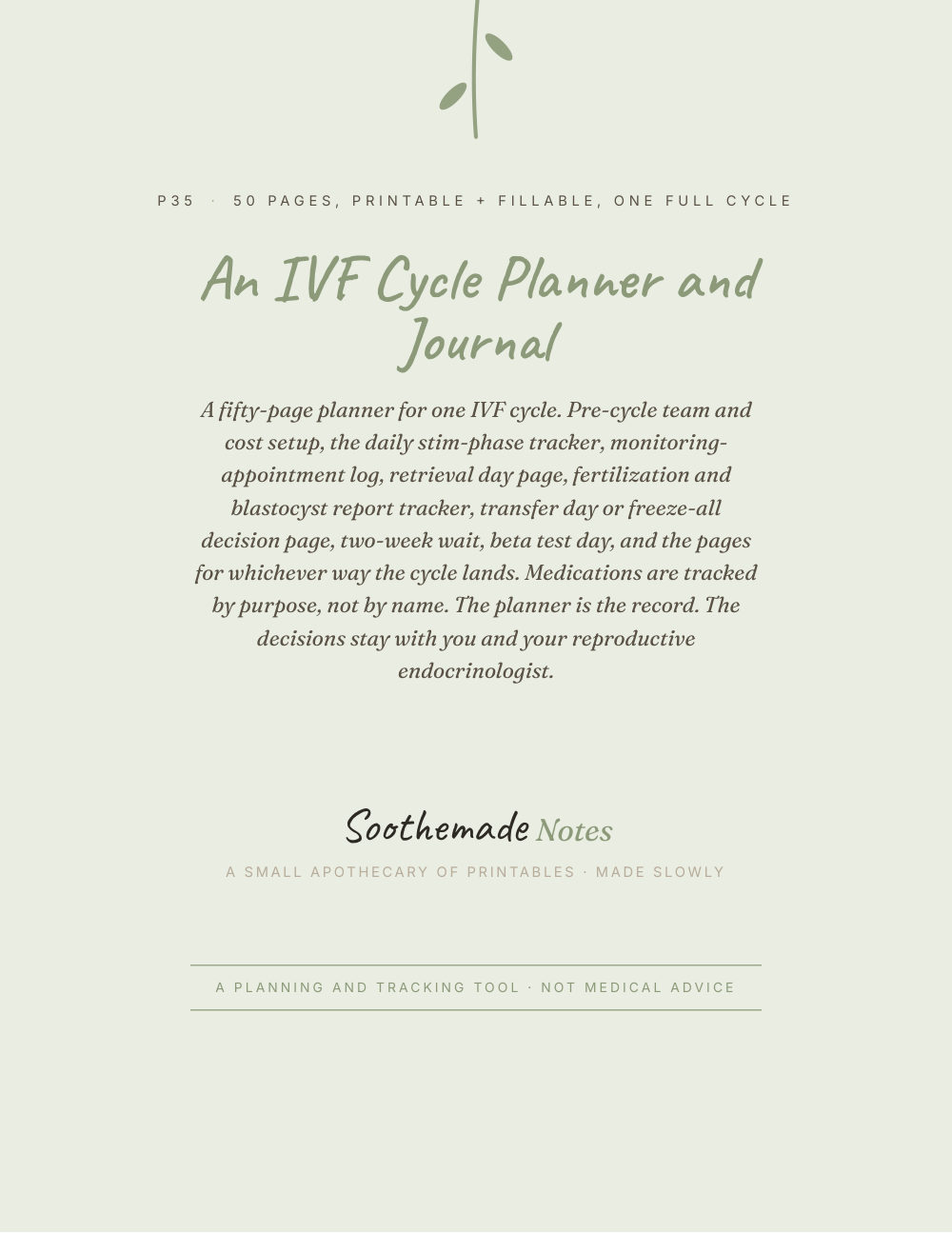 Cover page of IVF Cycle Planner and Journal: stim phase to beta day, one full cycle