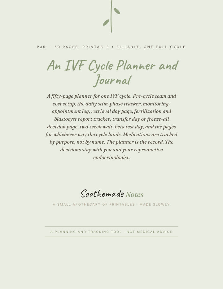 Page 1 of IVF Cycle Planner and Journal: stim phase to beta day, one full cycle