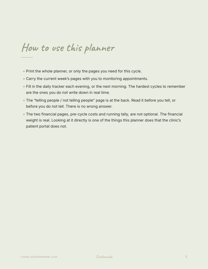 Page 3 of IVF Cycle Planner and Journal: stim phase to beta day, one full cycle