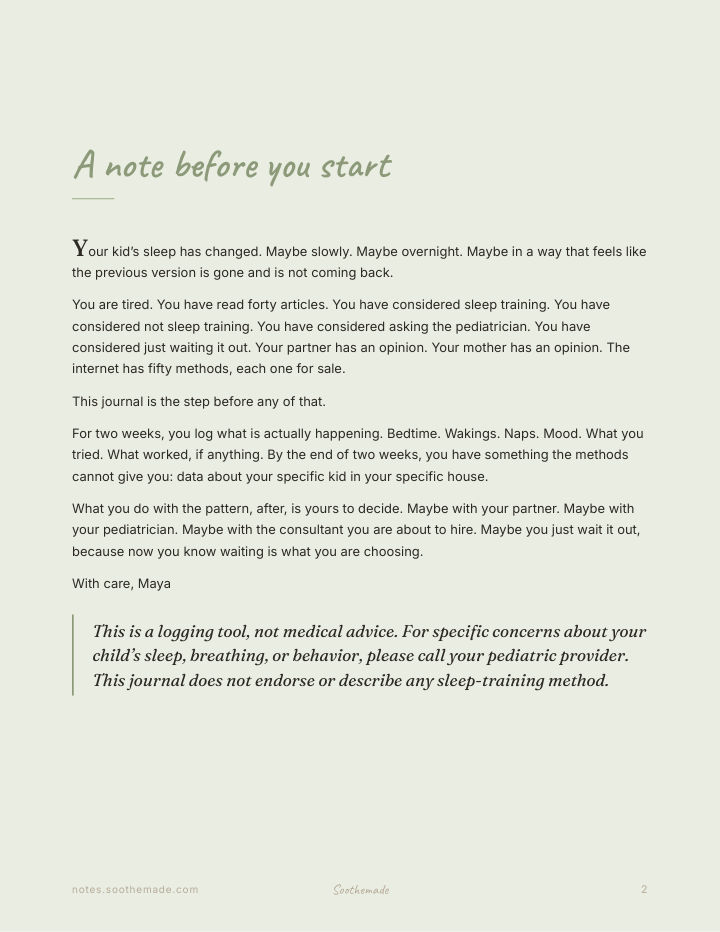 Page 2 of Baby Sleep Regression Journal: a two-week log to find the pattern before you pick a method