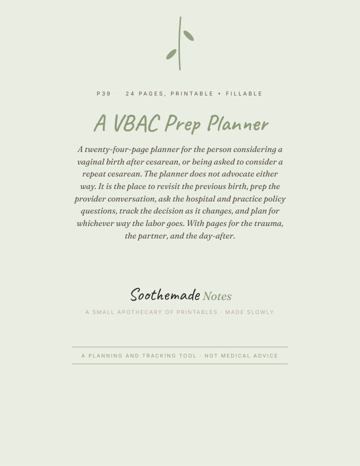 Page 1 of VBAC Birth Plan and Prep Planner, TOLAC vs Repeat Cesarean: hold the questions, the conversation, and both paths