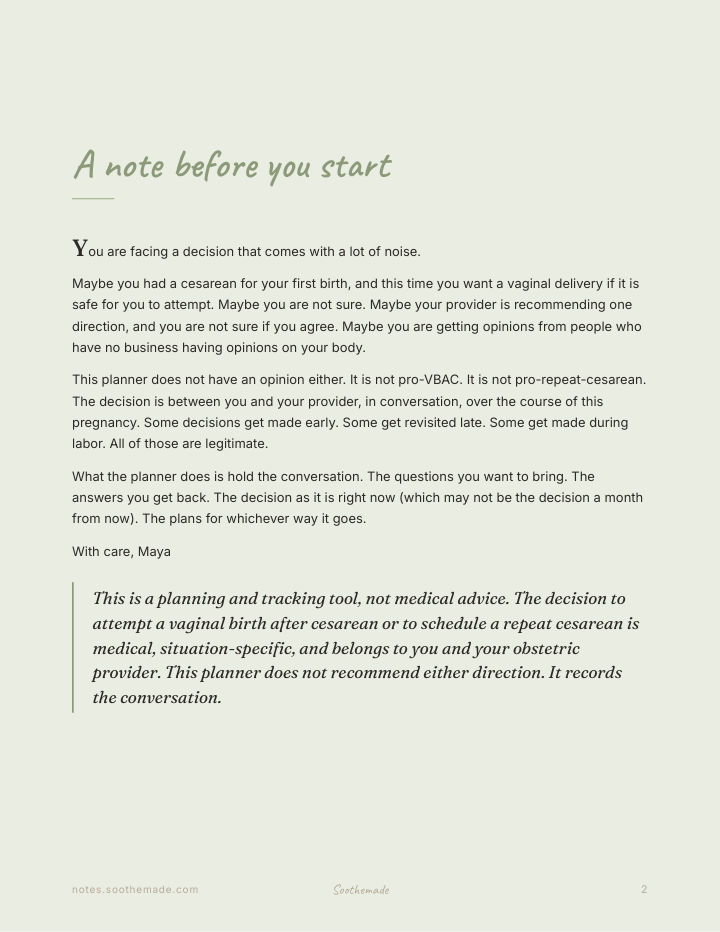 Page 2 of VBAC Birth Plan and Prep Planner, TOLAC vs Repeat Cesarean: hold the questions, the conversation, and both paths