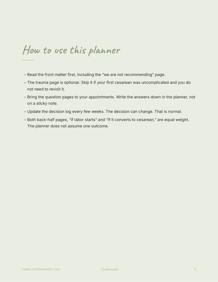 Page 3 of VBAC Birth Plan and Prep Planner, TOLAC vs Repeat Cesarean: hold the questions, the conversation, and both paths