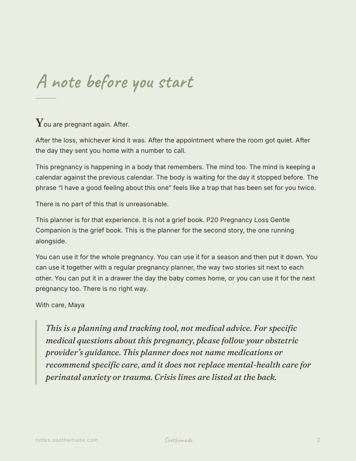 Page 2 of Pregnancy After Loss Planner: a calm place for the second story. Rainbow Baby