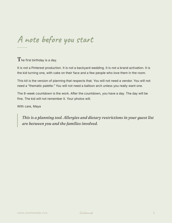 Page 2 of First Birthday Party Planner: 1st Birthday Checklist, 6-Week Countdown + Keepsake. A day, not a wedding.