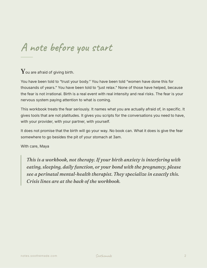 Page 2 of Fear of Childbirth Workbook: birth anxiety, tokophobia, scared to give birth. The fear is allowed.