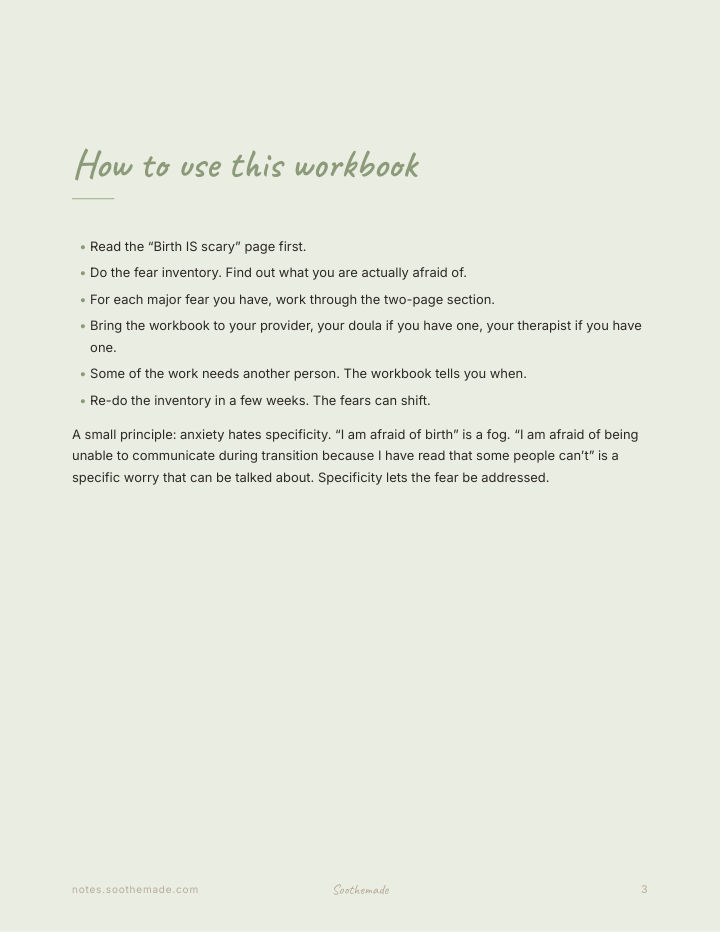 Page 3 of Fear of Childbirth Workbook: birth anxiety, tokophobia, scared to give birth. The fear is allowed.